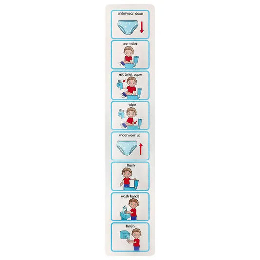 Colourful wall-mounted potty training chart with visual icons and reward spaces designed to support routine building and independent toilet habits