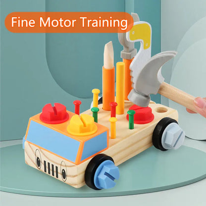 Toy tool set with a hammer and various tools on a wooden base, labeled 'Fine Motor Training'.