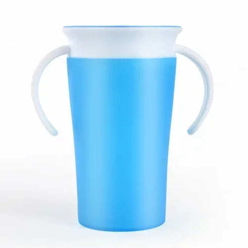 Blue cup with white handles on a white background