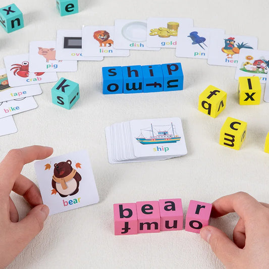 Child forming words using wooden alphabet blocks and flashcards