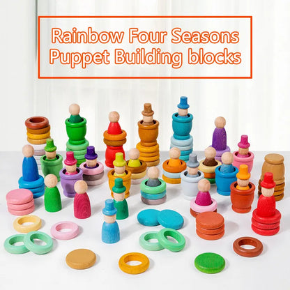 Colorful wooden puppet building blocks with 'Rainbow Four Seasons' text on a white background