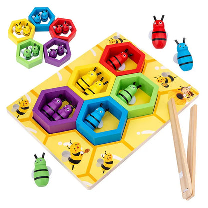 Wooden colour sorting toy featuring bees and honeycombs with matching tweezers, designed for sensory-friendly fine motor development