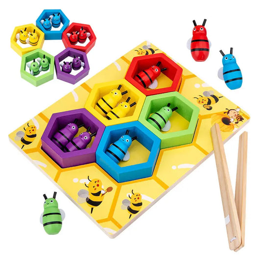 Wooden colour sorting toy featuring bees and honeycombs with matching tweezers, designed for sensory-friendly fine motor development