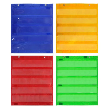 Four wall hanging reusable daily schedule charts in blue, yellow, red, and green colors, displayed vertically.