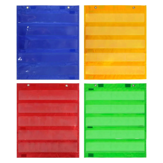 Four wall hanging reusable daily schedule charts in blue, yellow, red, and green colors, displayed vertically.