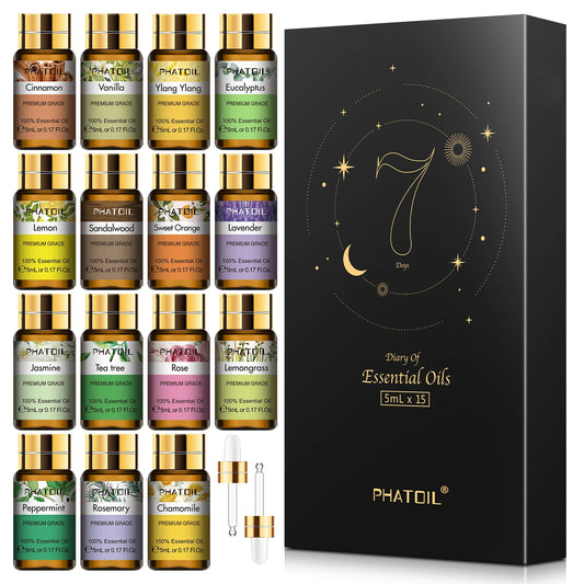 Set of 15 essential oils in amber glass bottles, designed for sensory regulation and aromatherapy in neurodivergent-friendly routines