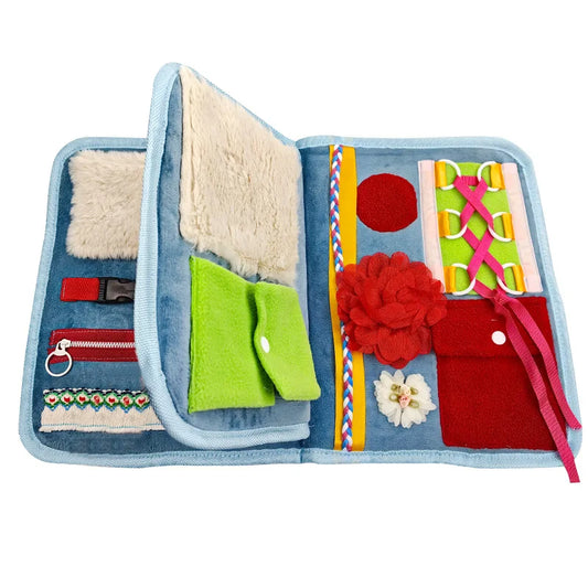 Colorful children's activity book with various textured and colorful elements on a white background