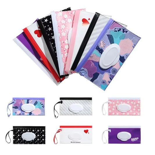 Portable wet wipes bag with zip closure and top dispenser, designed for discreet hygiene and sensory-safe on-the-go use