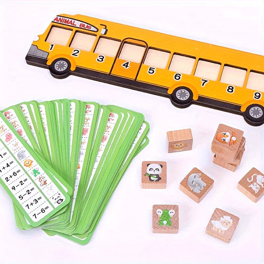 Animal-themed blocks arranged in a matching sequence with number tiles and character illustrations for early maths practice