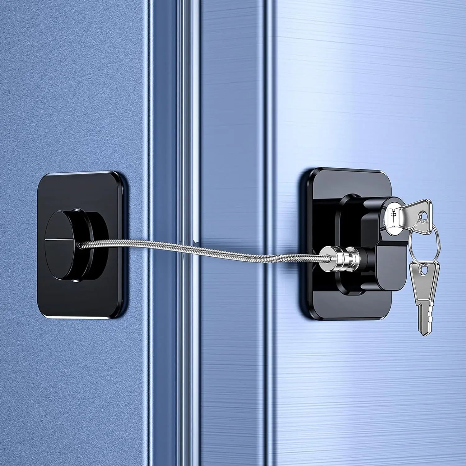 Adhesive key lock securing a cabinet in a care-friendly space