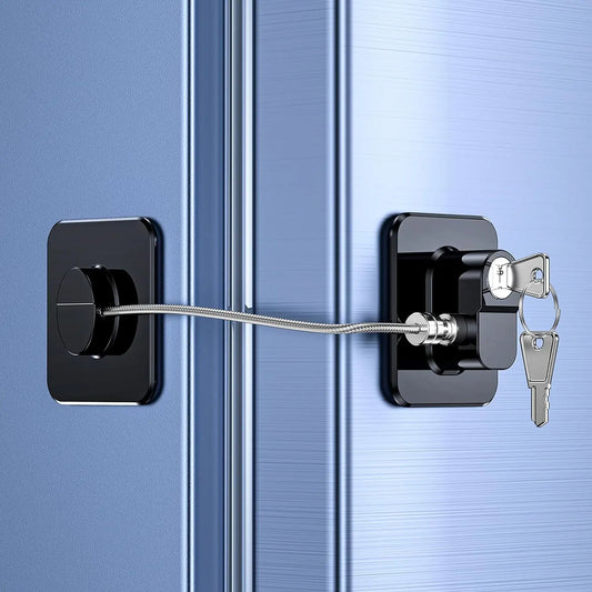 Adhesive key lock securing a cabinet in a care-friendly space