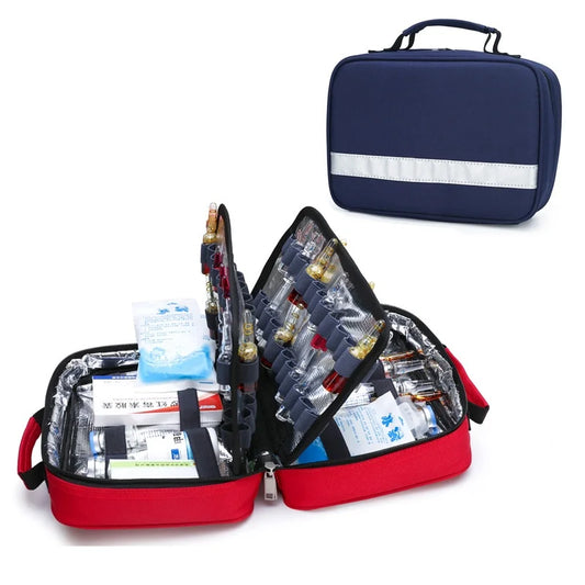 Compact medical first aid bag with zip closure, shown open with organised compartments for emergency supplies
