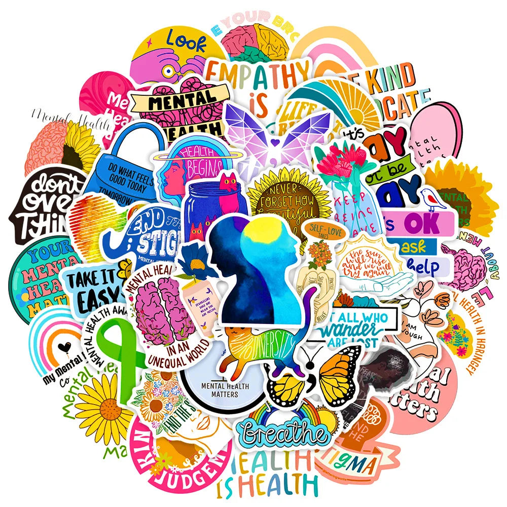 Collection of colorful mental health-themed stickers on a white background