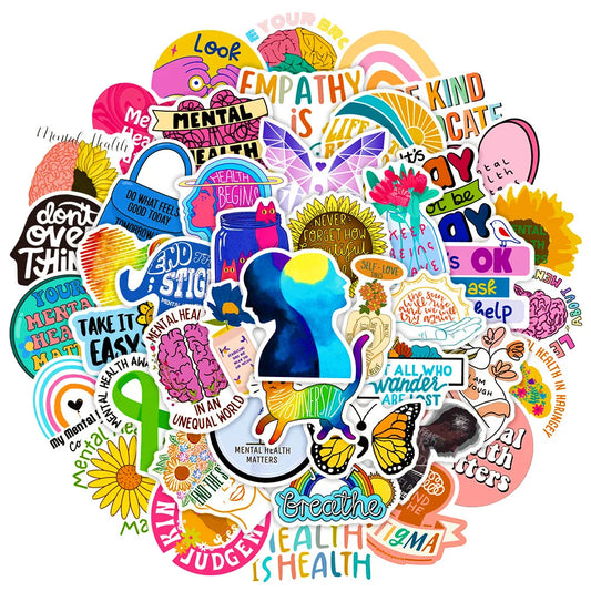 Collection of colorful mental health-themed stickers on a white background