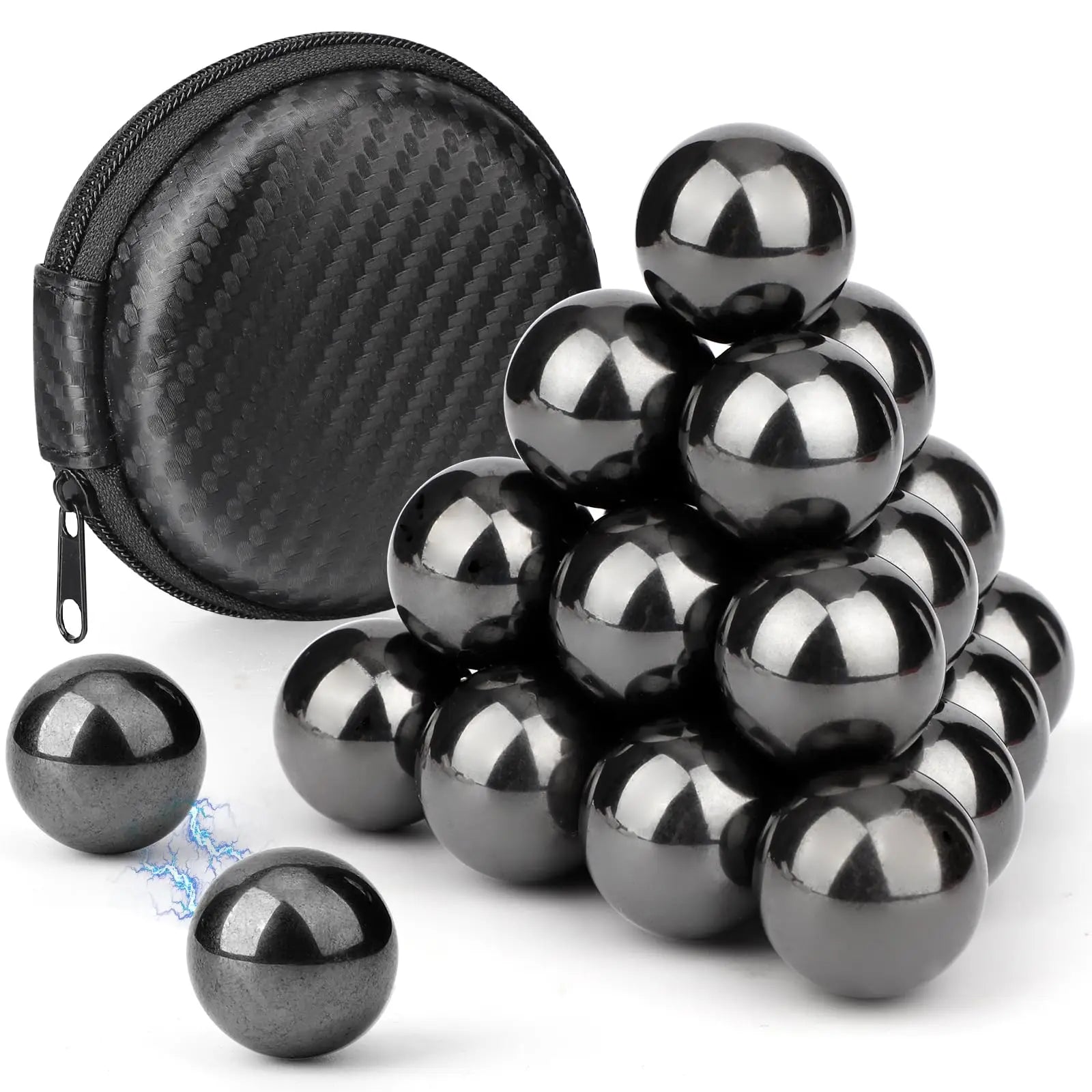 Set of black metal balls with a black case on a white background
