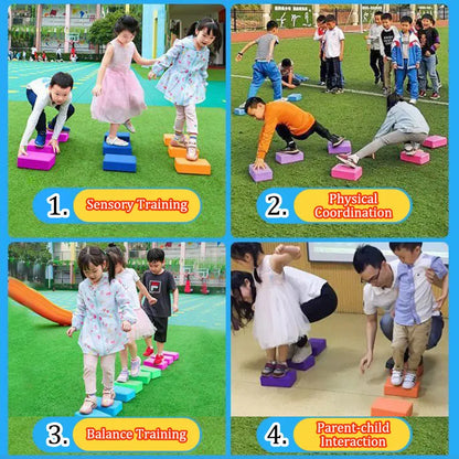 Balance stones arranged in a trail for children’s movement and play, textured for sensory-friendly gross motor skill support