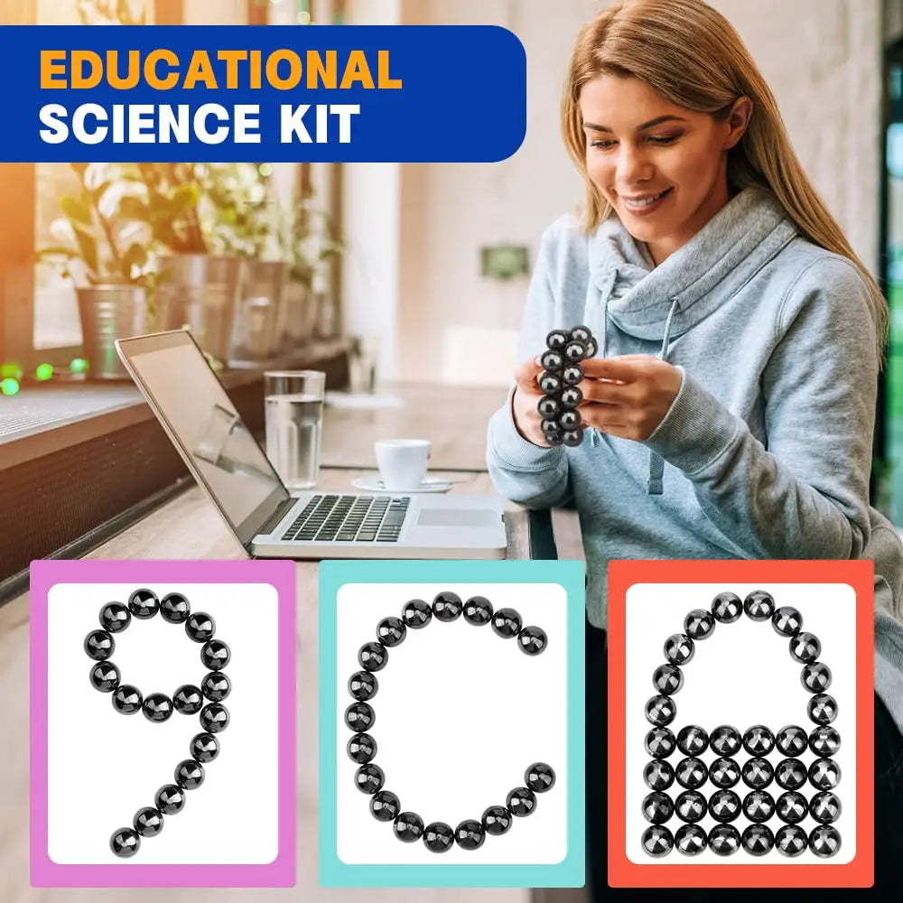 Woman holding magnetic beads with educational science kit text and bead images.