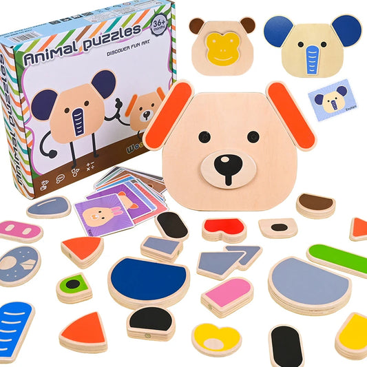 Wooden animal puzzle set with pieces and packaging on a white background