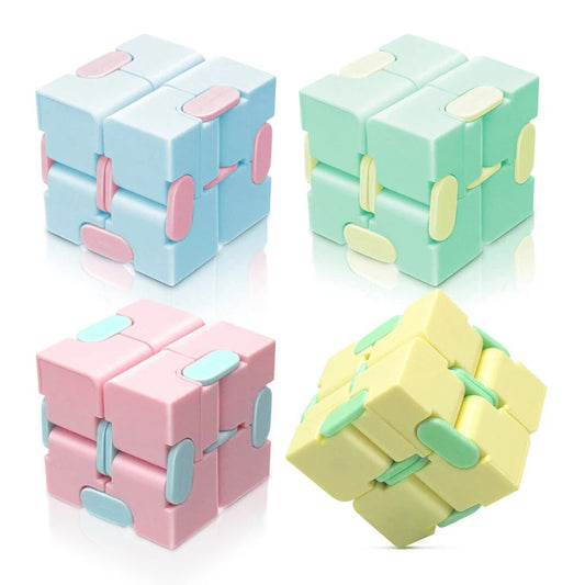 Hand holding a colourful magic puzzle cube with interlocking segments, twisted midway to show movement and sensory design