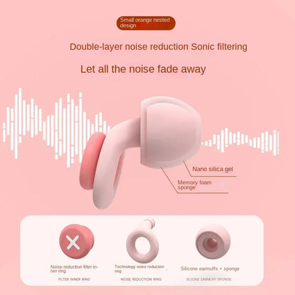 Pink earbud with noise reduction features on a pink background