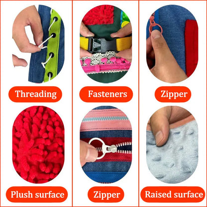 Collage of close-up images showing different fabric features with labels.