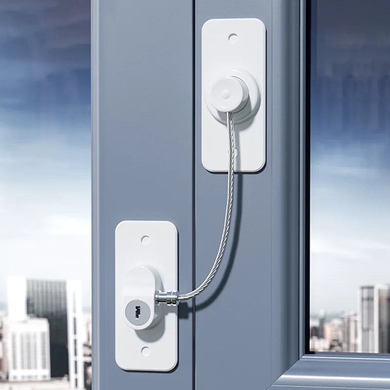 Multi-functional safety lock shown attached to a cabinet, with adjustable strap and secure locking mechanism for childproofing