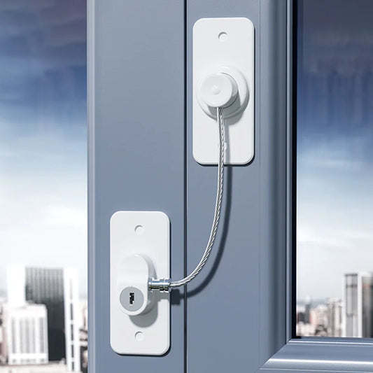 Multi-functional safety lock shown attached to a cabinet, with adjustable strap and secure locking mechanism for childproofing