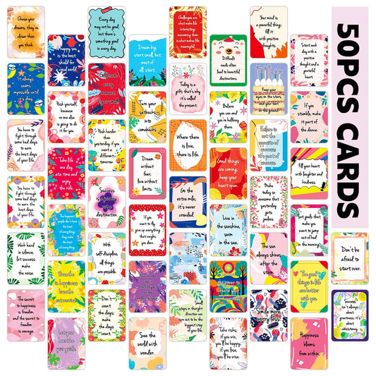 Collection of colorful motivational cards with various designs and text on a white background.