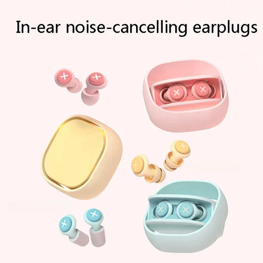 In-ear noise-cancelling earplugs with pink, yellow, and blue cases on a white background.