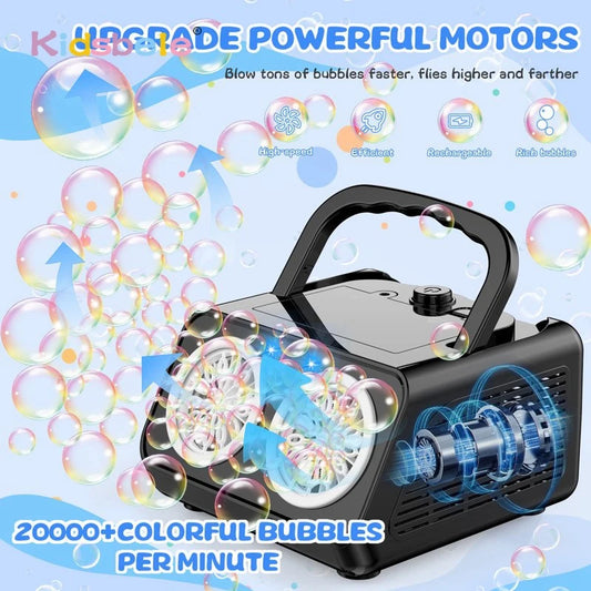 Compact 26-hole bubble machine creating vibrant bubble stream for sensory engagement
