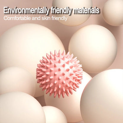 Pink textured ball surrounded by beige spheres with text about environmentally friendly materials.