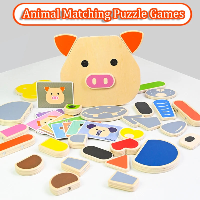 Wooden animal matching puzzle game with pig design on a white background