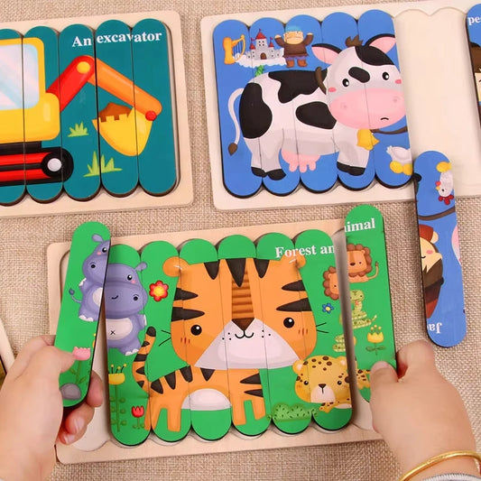 Natural wooden strip puzzle with rectangular base and colourful insert strips, designed for visual-spatial skill building and sensory-safe engagement