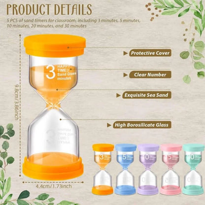 Hourglass timers arranged for activity sequencing and calming time guidance