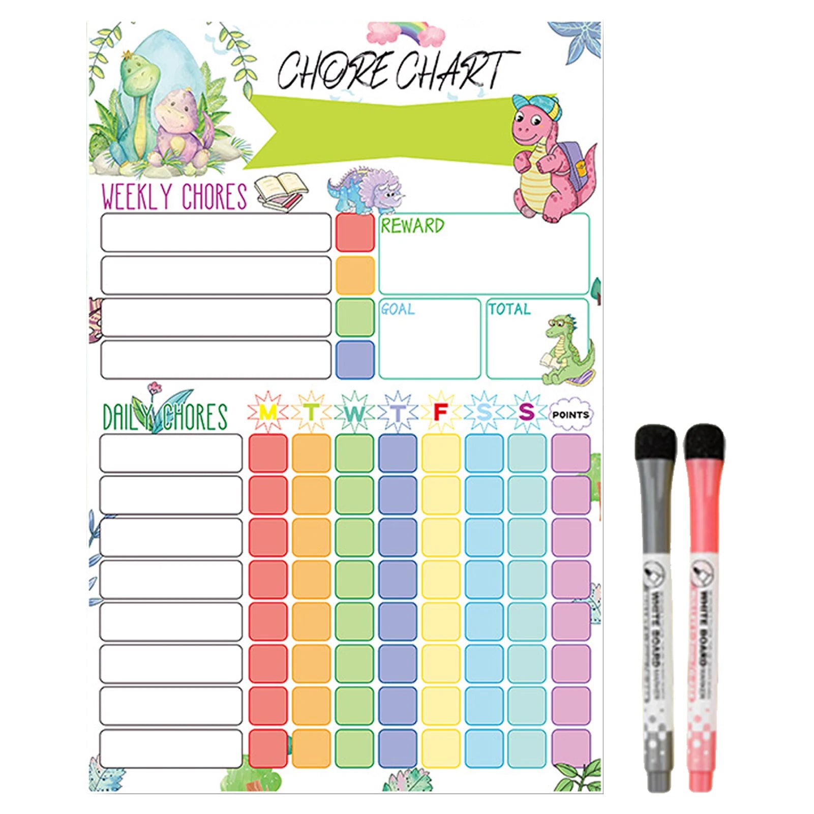 Reusable chore chart shown with two dry-erase markers, ideal for adaptable visual reminders.