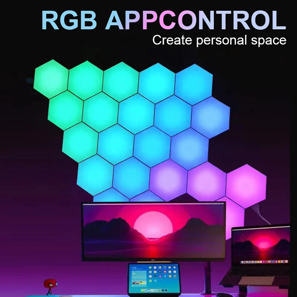 Hexagonal RGB LED wall panels lit in gradient colour pattern, displayed with app interface and mounted beside bed in calming sensory space