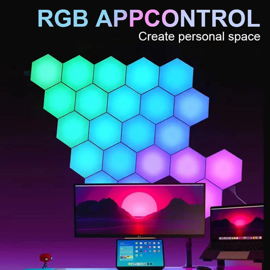 Hexagonal RGB LED wall panels lit in gradient colour pattern, displayed with app interface and mounted beside bed in calming sensory space