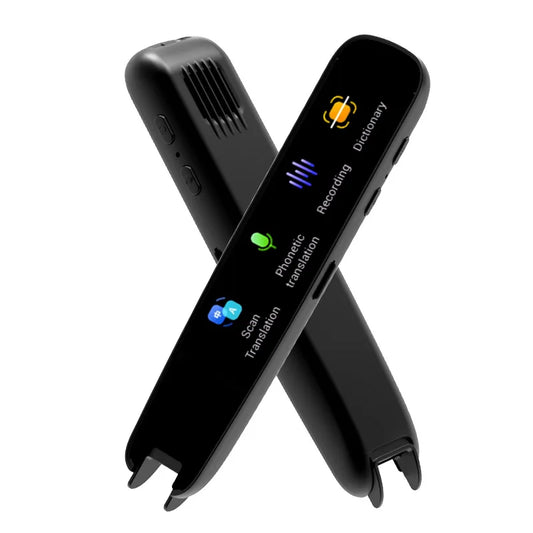 Translation scanner pen shown scanning printed text from book with display screen and earbud attachment