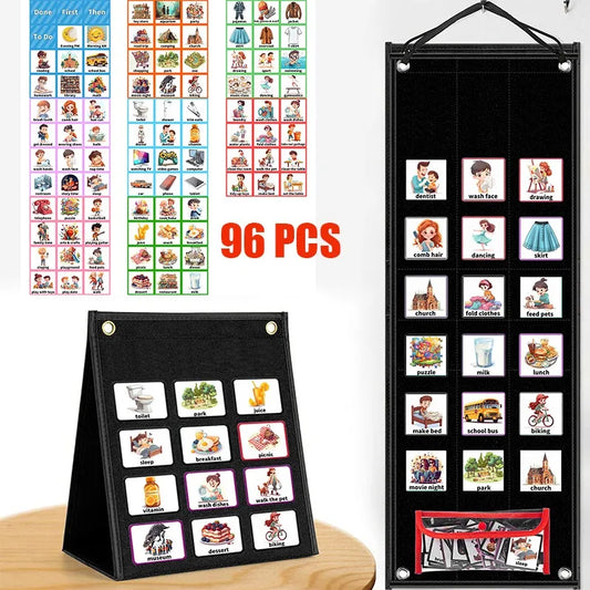 96 brightly illustrated magnetic visual cue pieces arranged on a kids’ daily schedule chart with labels like “Snack”, “Outdoor Play”, and “Bedtime”