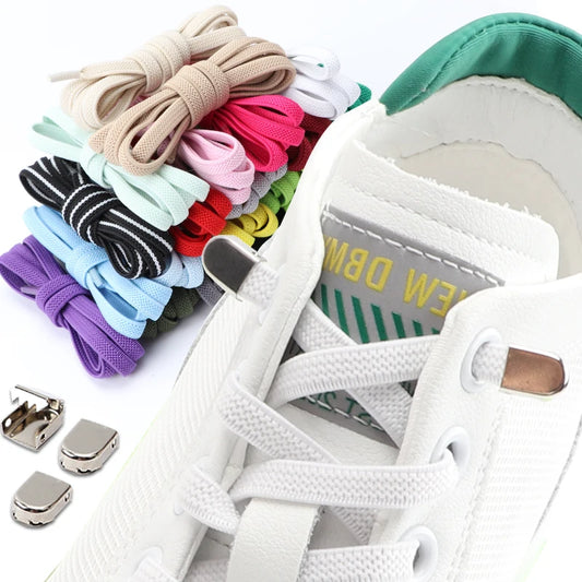 Elastic no tie shoelaces in assorted colours fitted into shoes, designed for sensory-friendly dressing and movement ease
