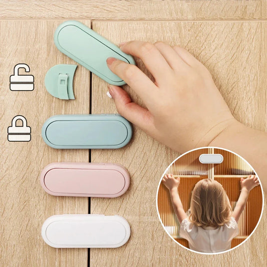 White safety lock shown attached to a cabinet, with adjustable strap and rounded edges for childproof security