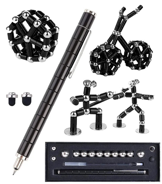 Set of black metal fidget toys including a pen, stress ball, and various models on a white background.