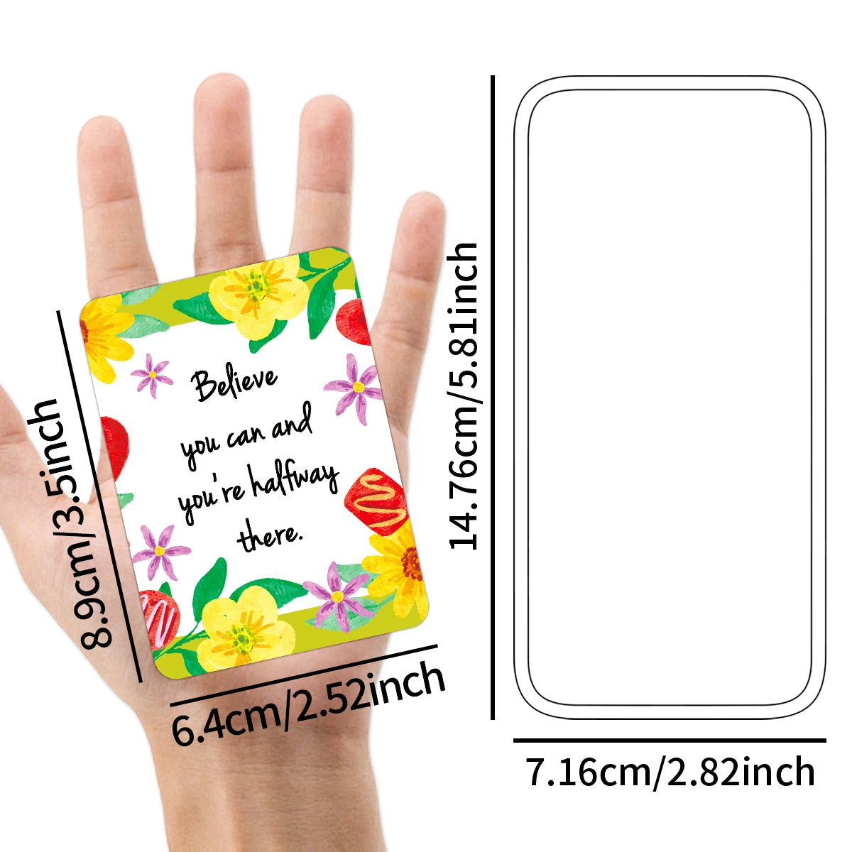 Card with floral design and motivational quote held in a hand, with measurements provided.