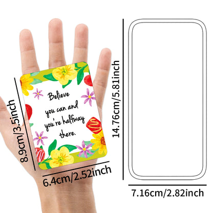 Card with floral design and motivational quote held in a hand, with measurements provided.