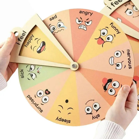 A hands-on feeling wheel with various emotion labels and faces, being spun by a child.