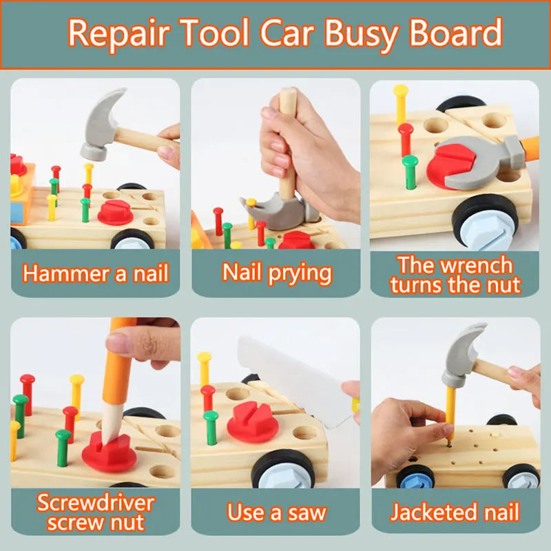 Children's toy repair tool car busy board with various activities shown.