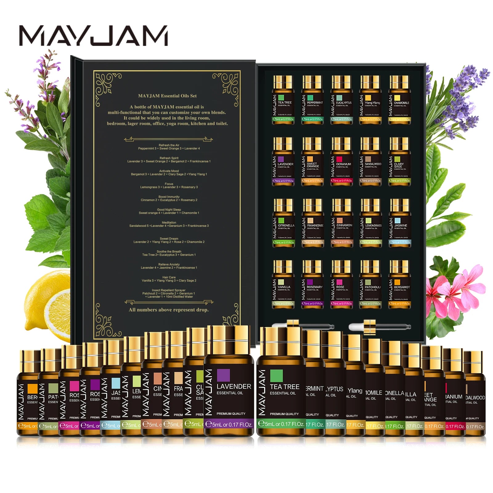 20 small bottles of pure essential oils arranged in a neat grid, showcasing a variety of natural scents for sensory wellbeing
