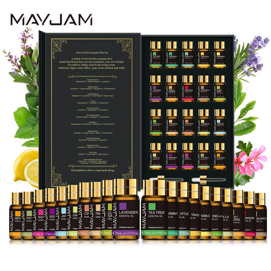 20 small bottles of pure essential oils arranged in a neat grid, showcasing a variety of natural scents for sensory wellbeing