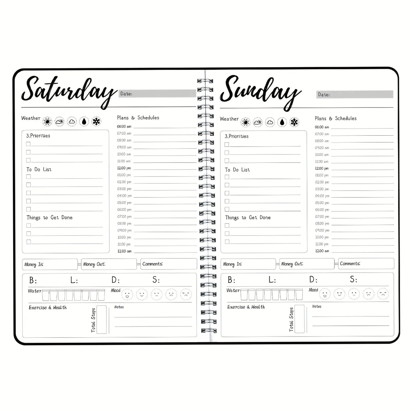 Weekly planner with daily schedule and to-do list for Saturday and Sunday.