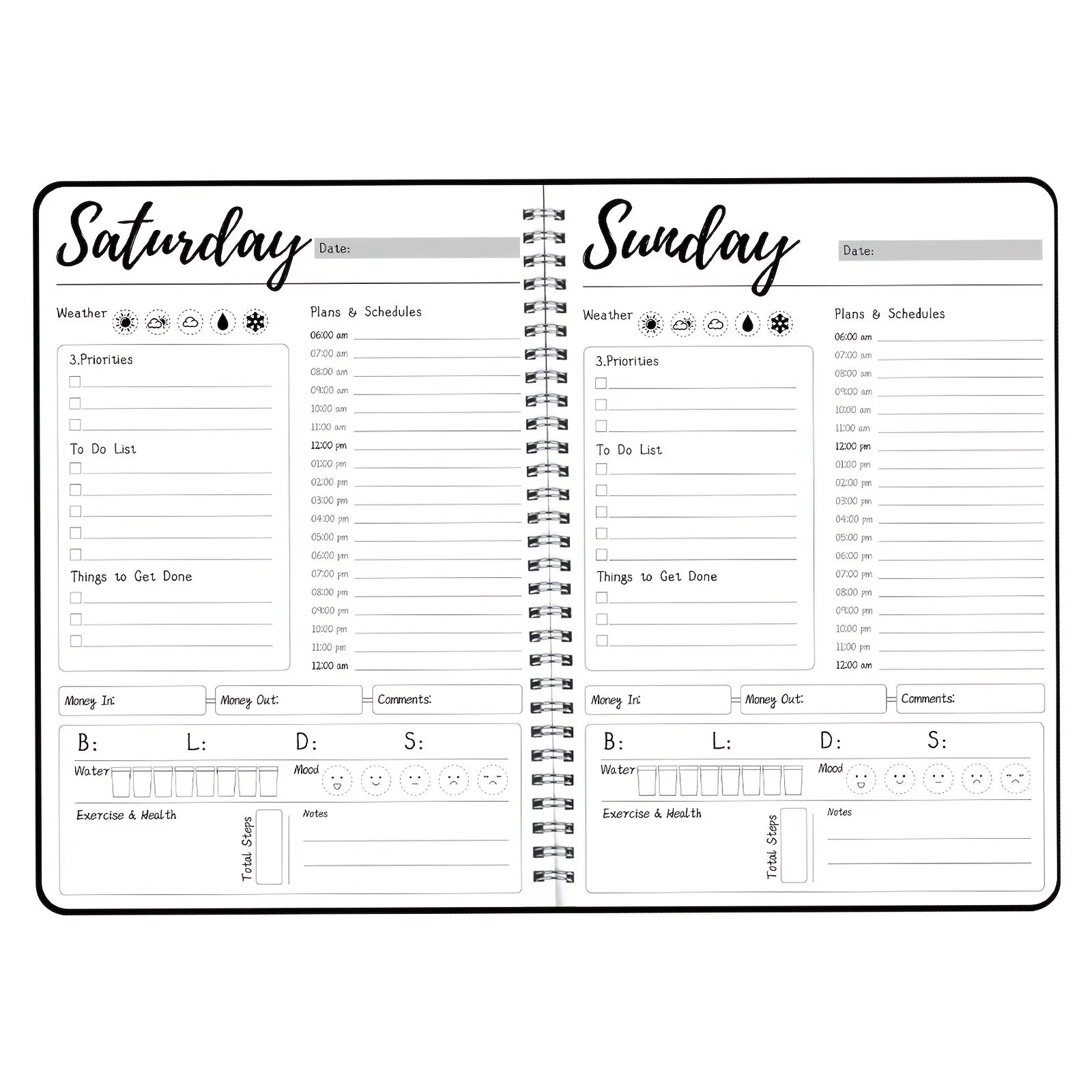 Weekly planner with daily schedule and to-do list for Saturday and Sunday.